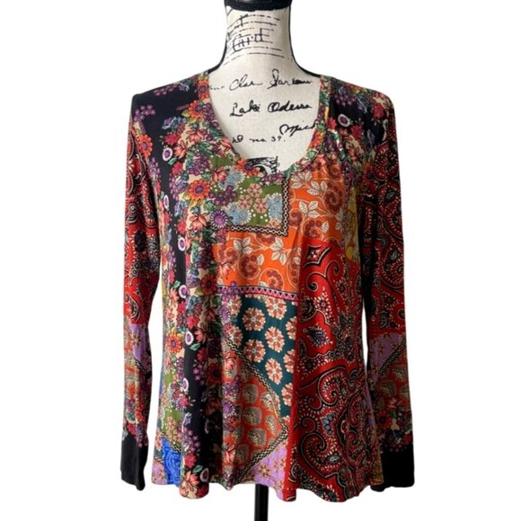 Johnny Was Moa Favorite Top Boho Long Sleeve Bamboo Floral Patchwork Size XS - Picture 2 of 9